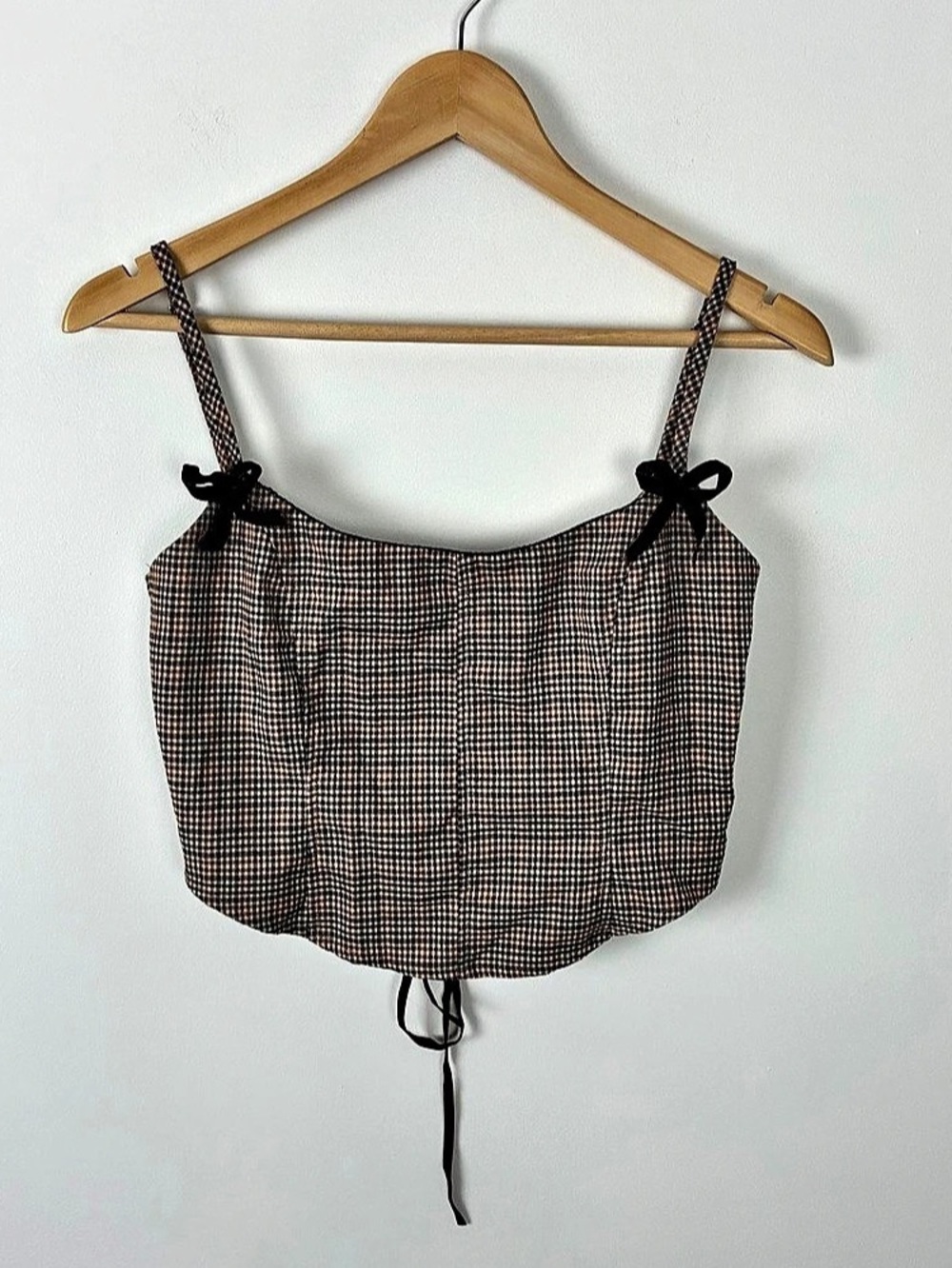 MOTEL Black & Brown Checkered Lace-Up Crop Top Renaissance Dark Academia Bow M